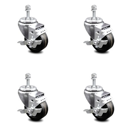 Service Caster 3.5 Inch Phenolic Wheel Swivel 10mm Threaded Stem Caster Set with Brake SCC SCC-TS20S3514-PHR-TLB-M1015-4